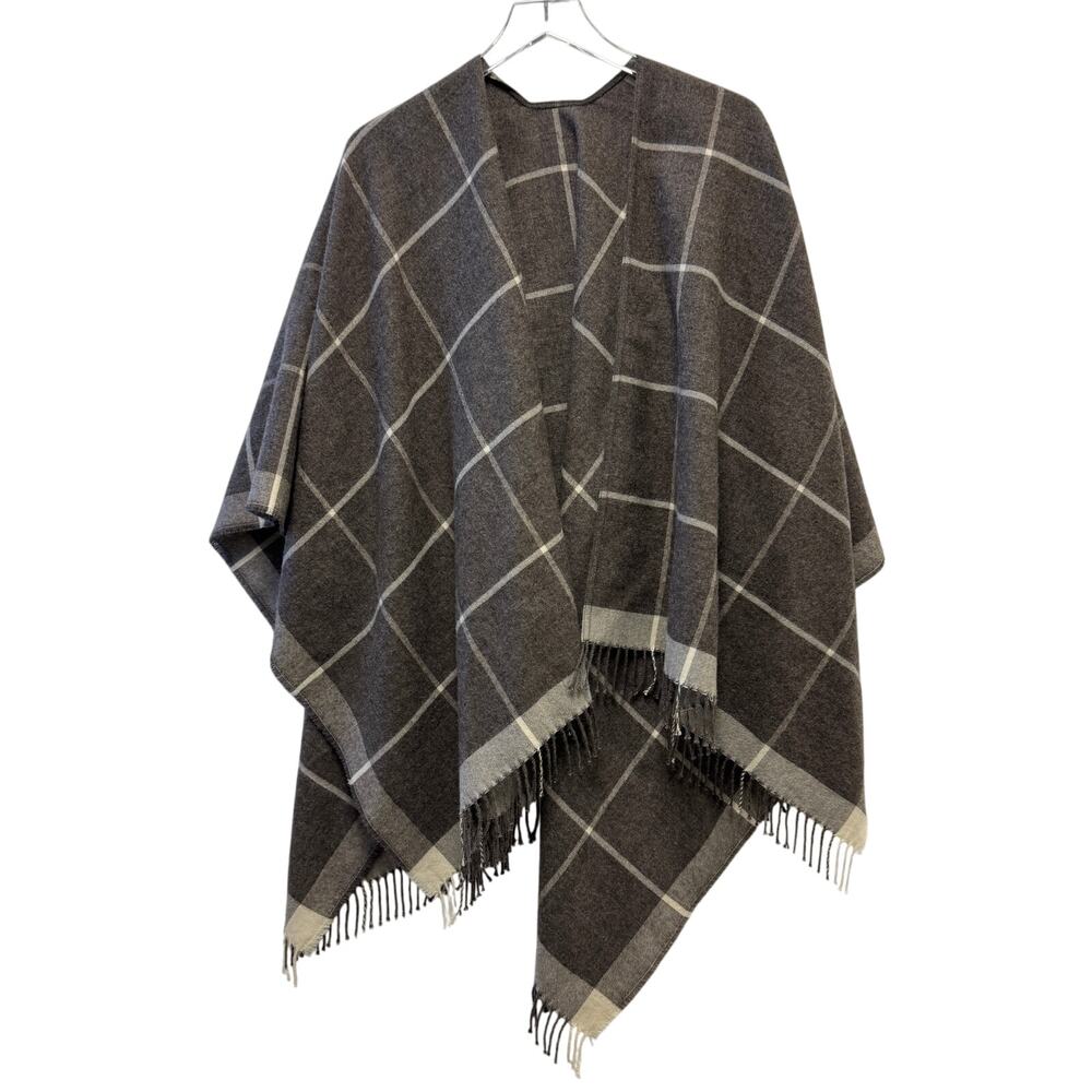 EILEEN FISHER Baby Alpaca Plaid Poncho Shawl Grid Plaid Taupe Sz OS